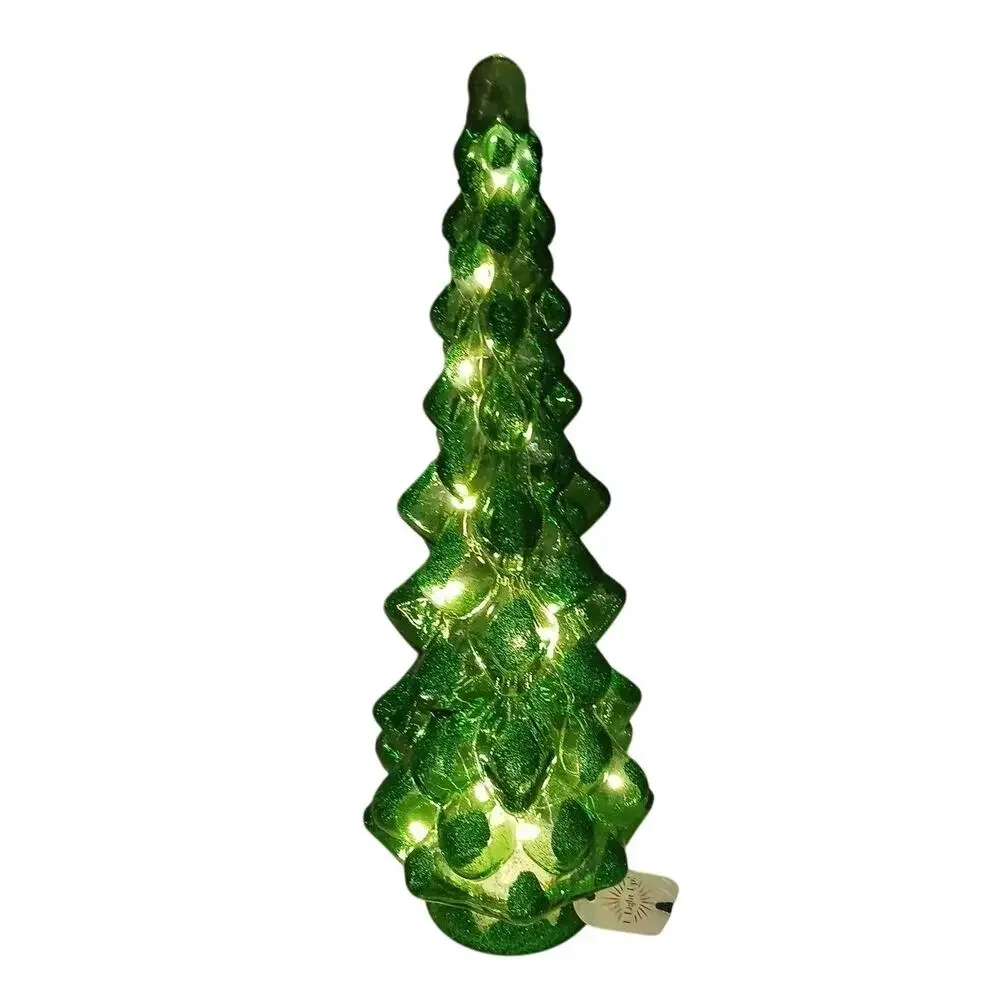 Illuminated Green Glitter Glass Christmas Tree 15.5in Chic Holiday Decor New
